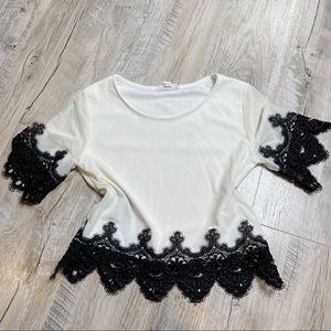 Agaci White Short Sleeve Crop Top With Mesh Sleeves and Black Fringe